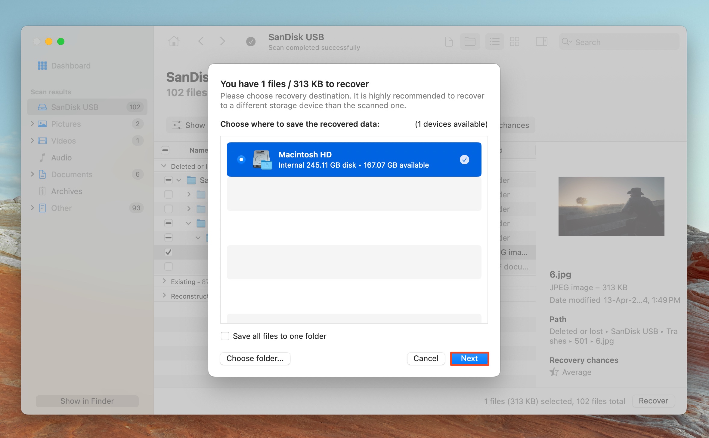 Choose a recovery destination to save the recovered files in Disk Drill and proceed by clicking "Next."