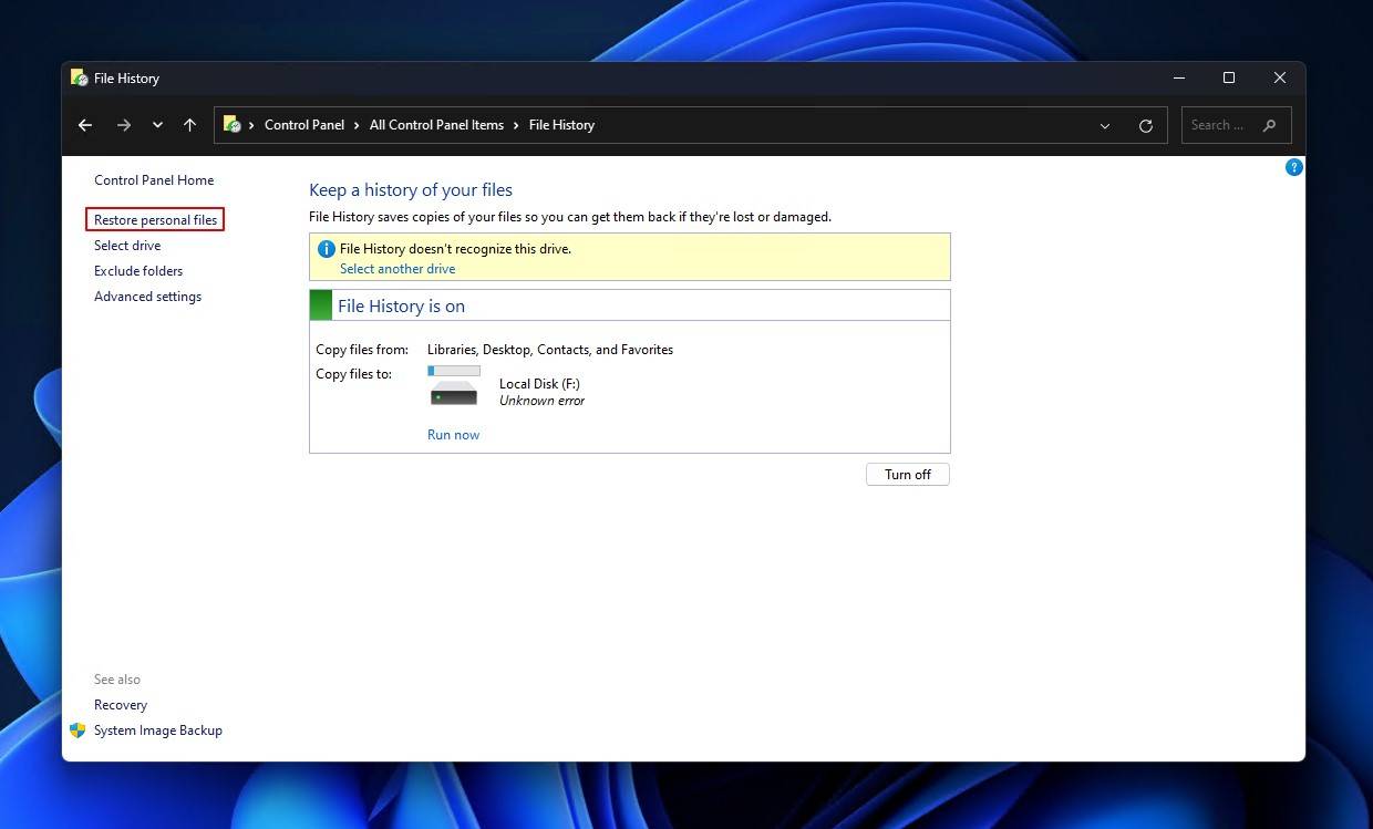 Choosing to restore personal files.