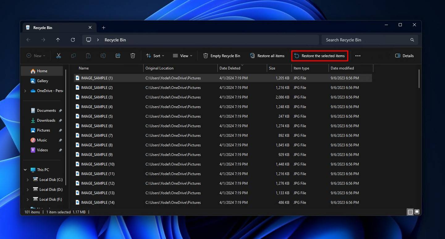 Restoring files from Recycle Bin.