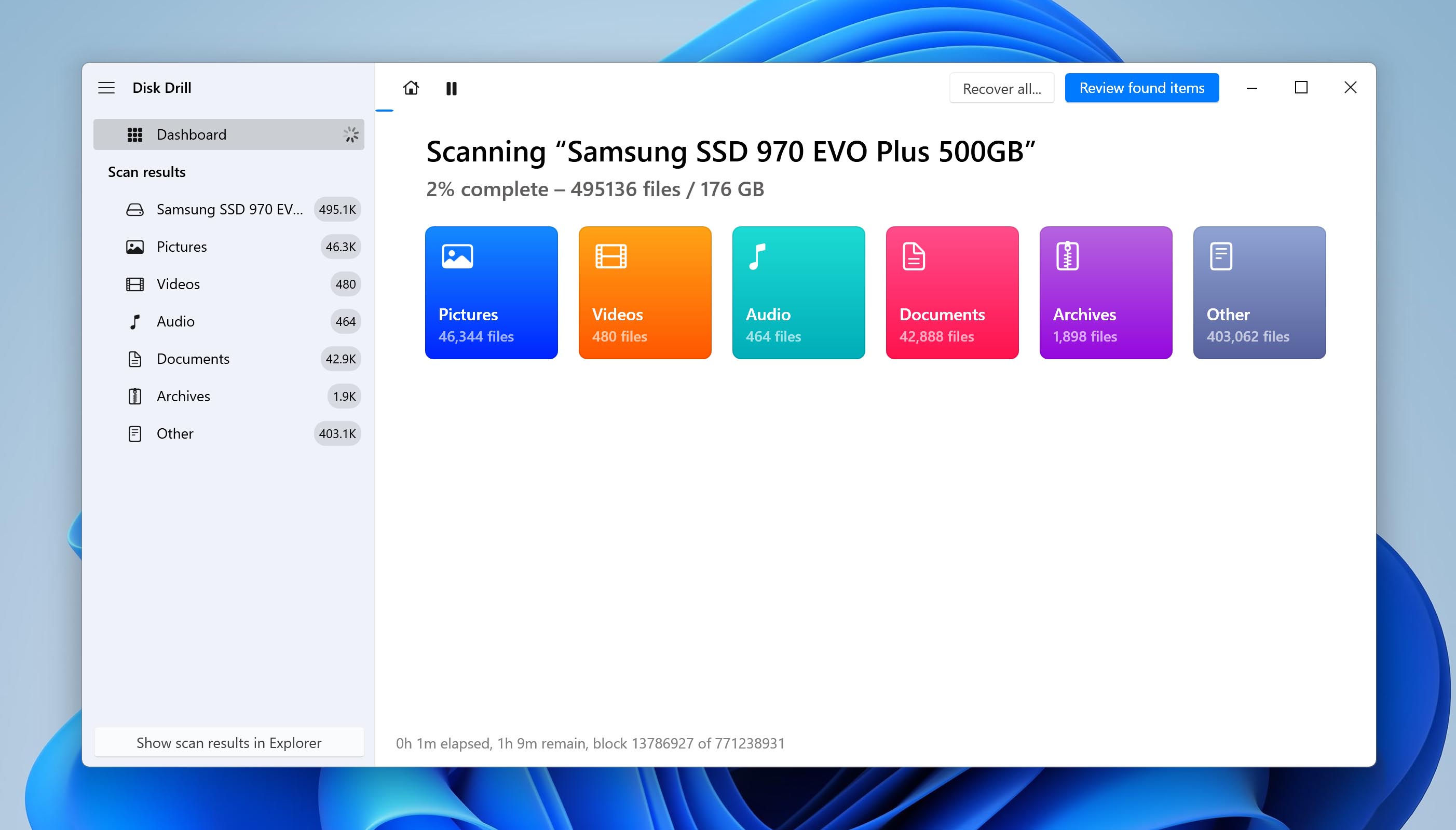 disk drill scanning window
