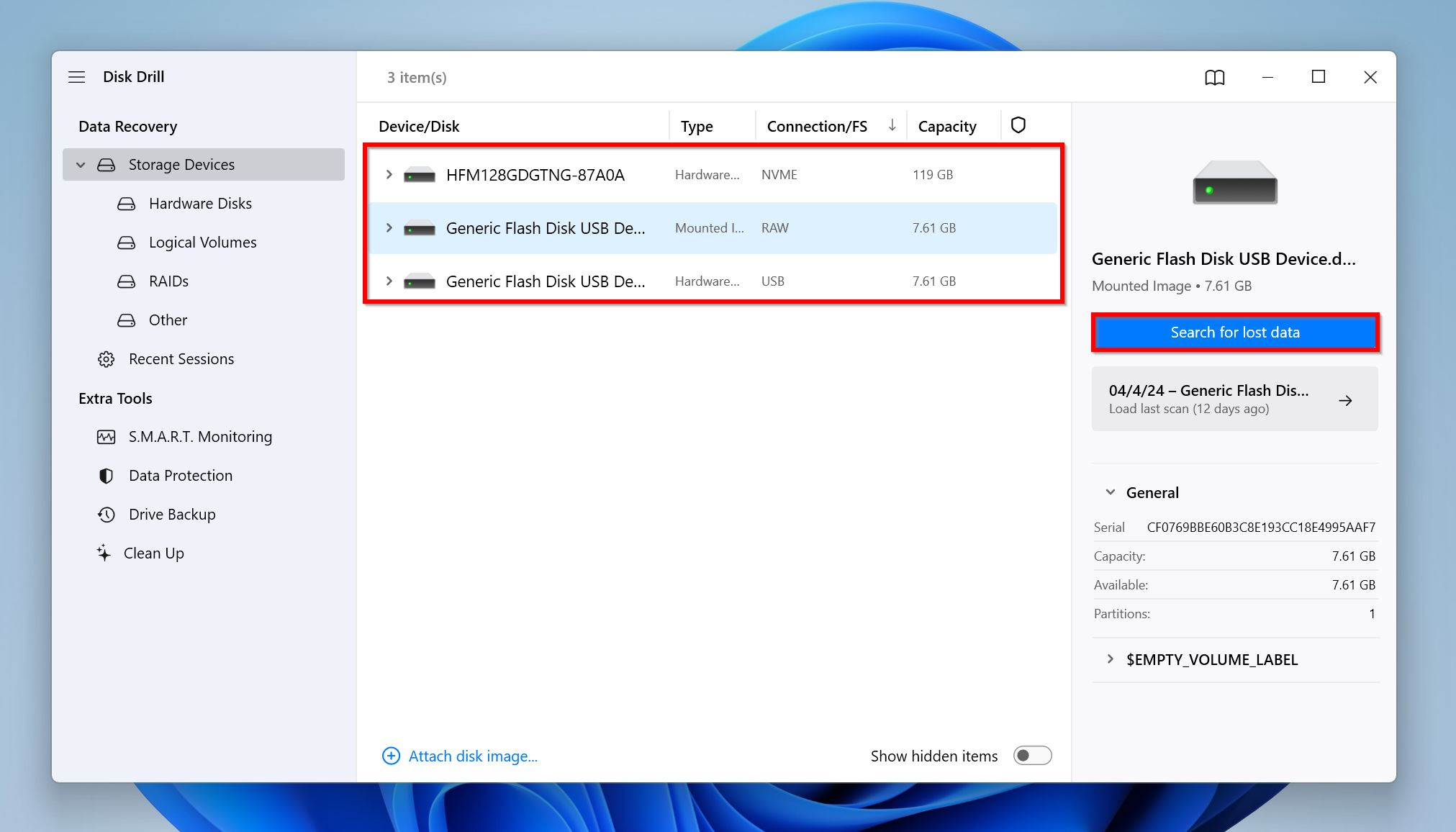 List of storage drives in Disk Drill.