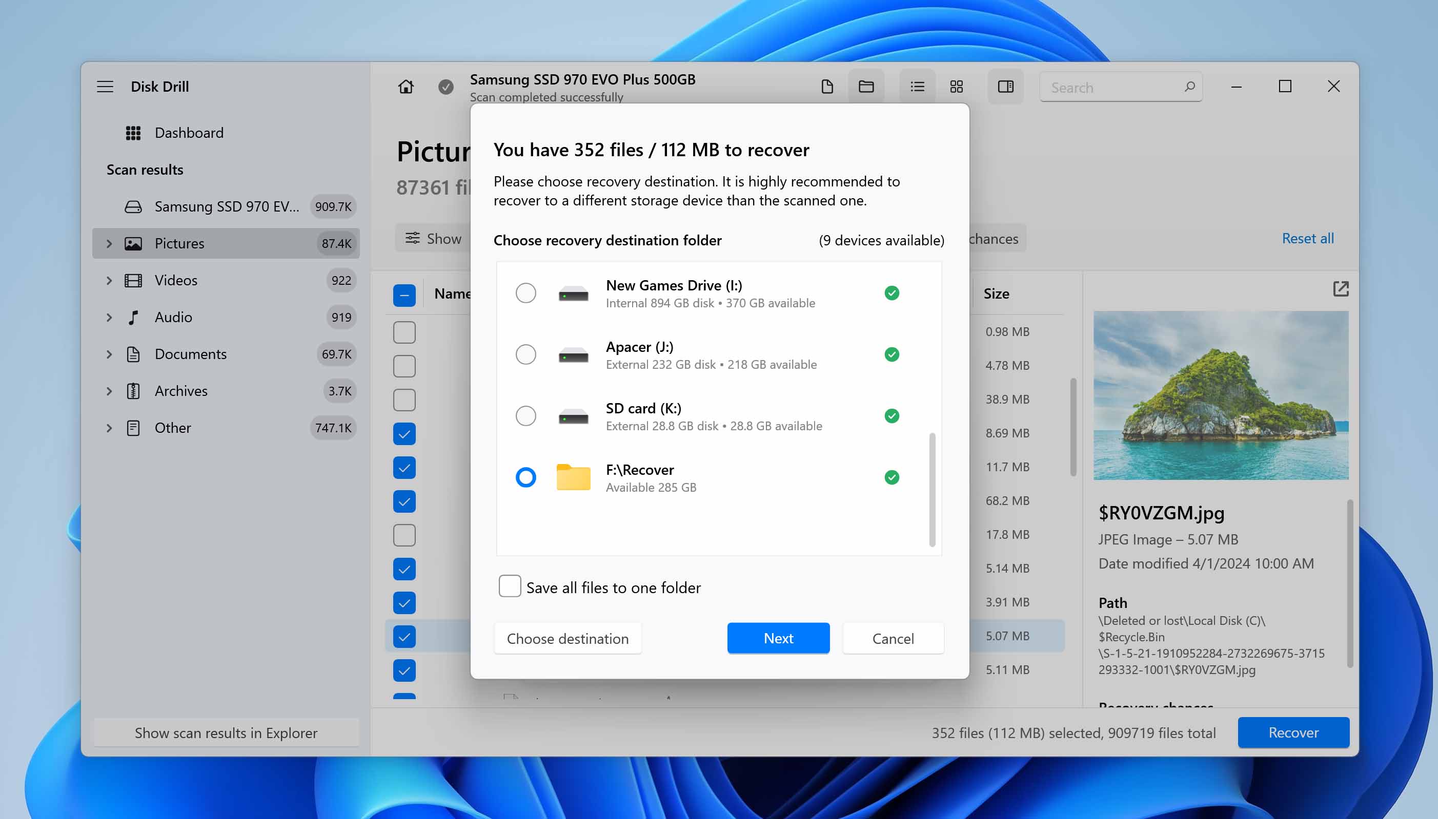 Select recovery location for files