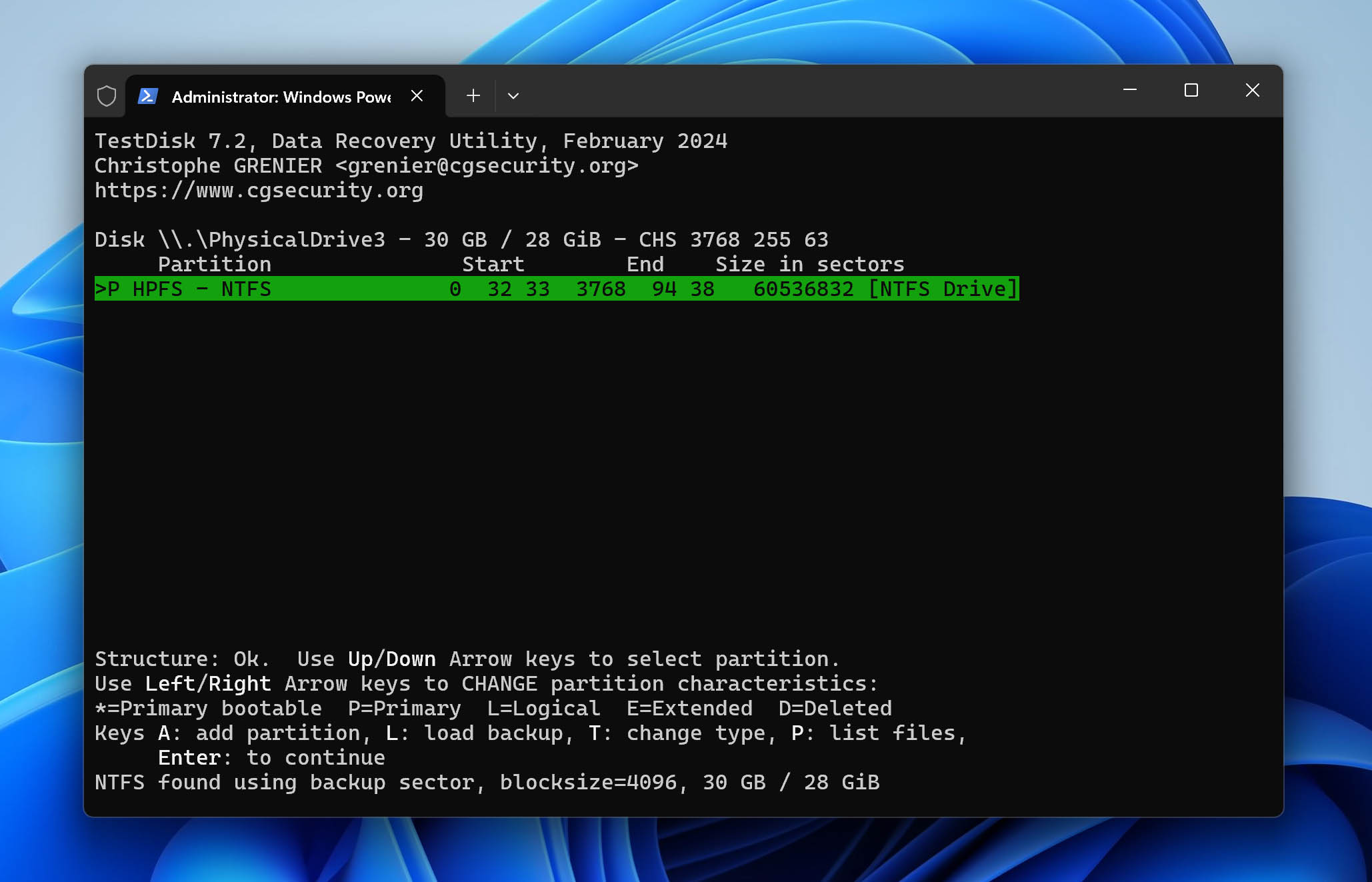 selecting ntfs disk in testdisk