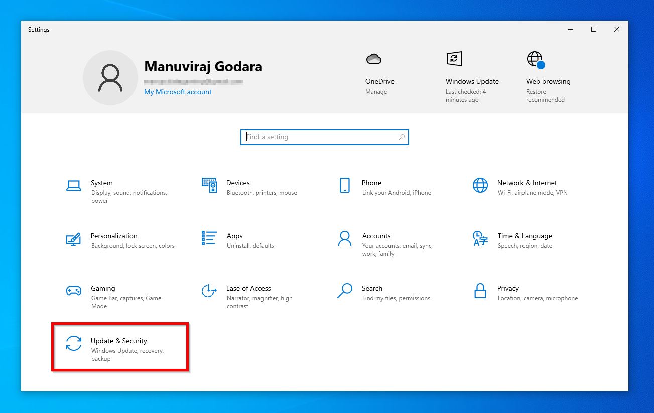 Open the Update & Security option in Windows 10 settings.