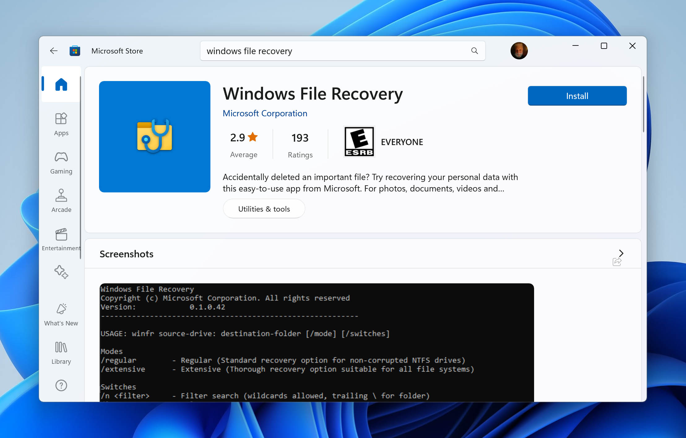 Windows File Recovery tool download page on the Microsoft Store