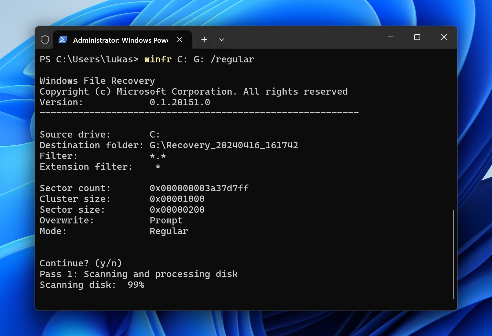 Windows File Recovery tool regular mode