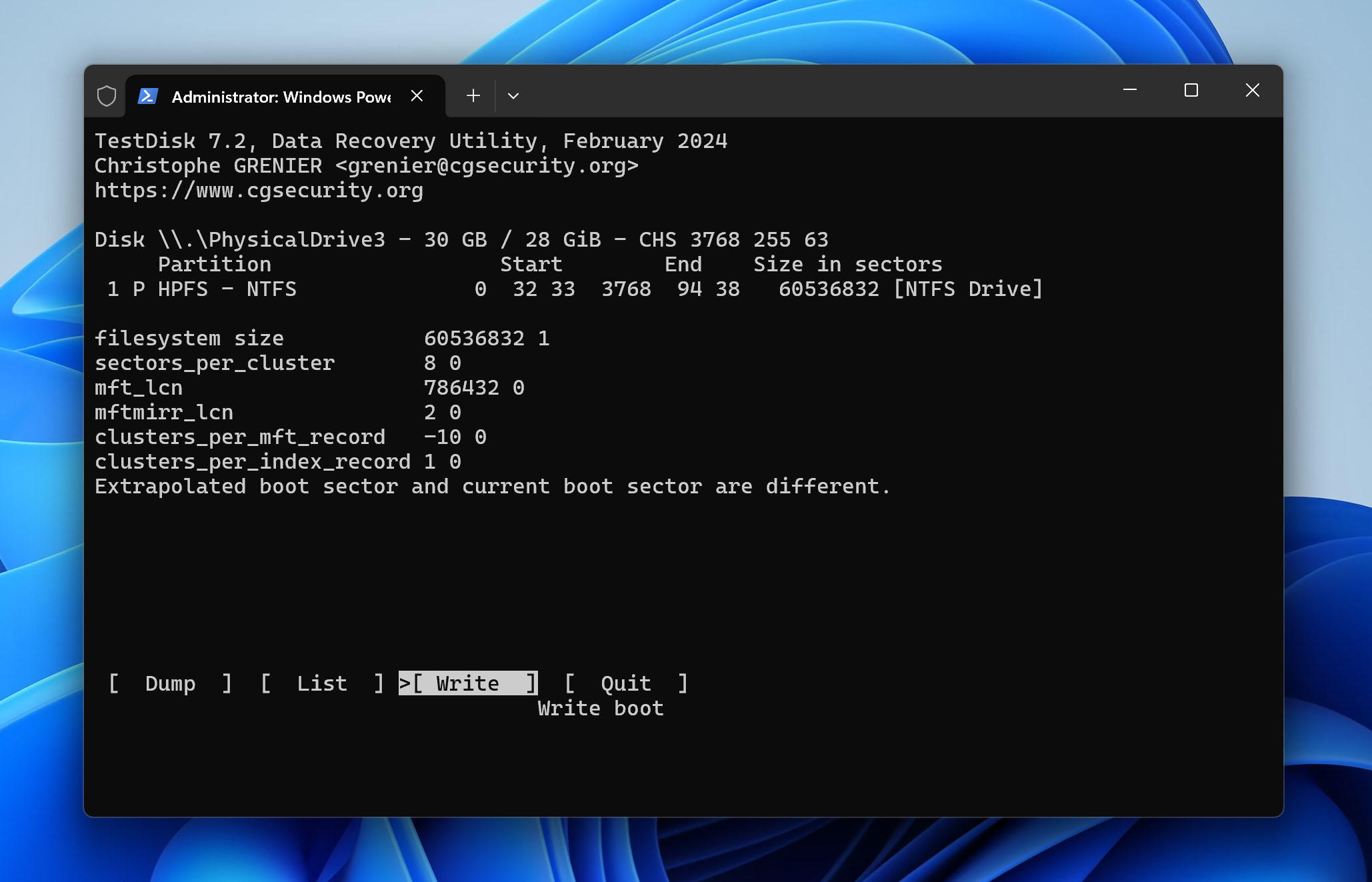 write boot sector to disk