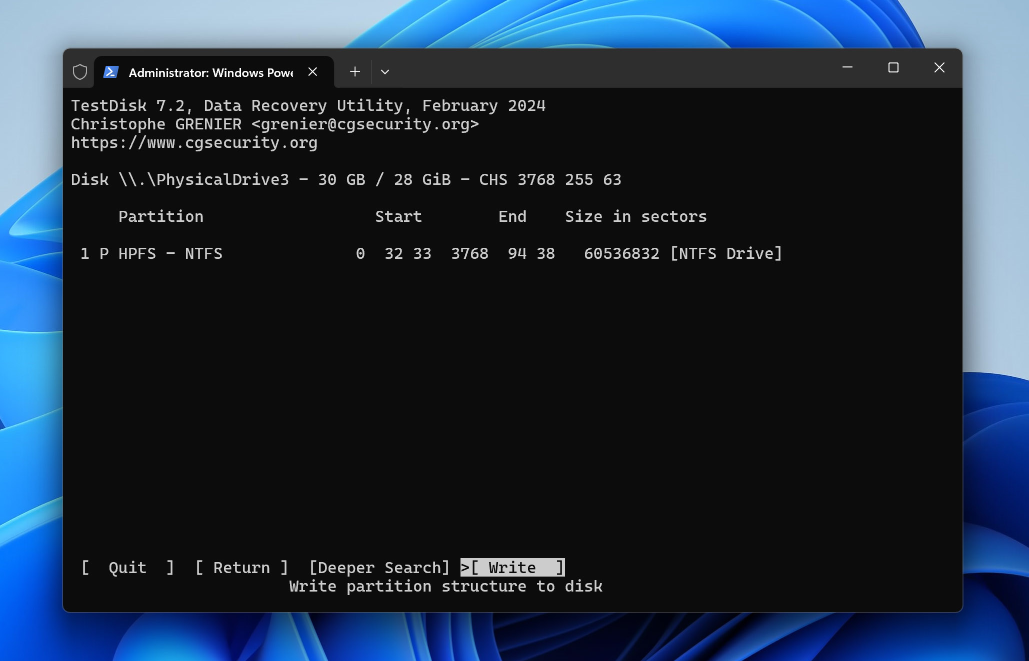 writing partition table using testdisk
