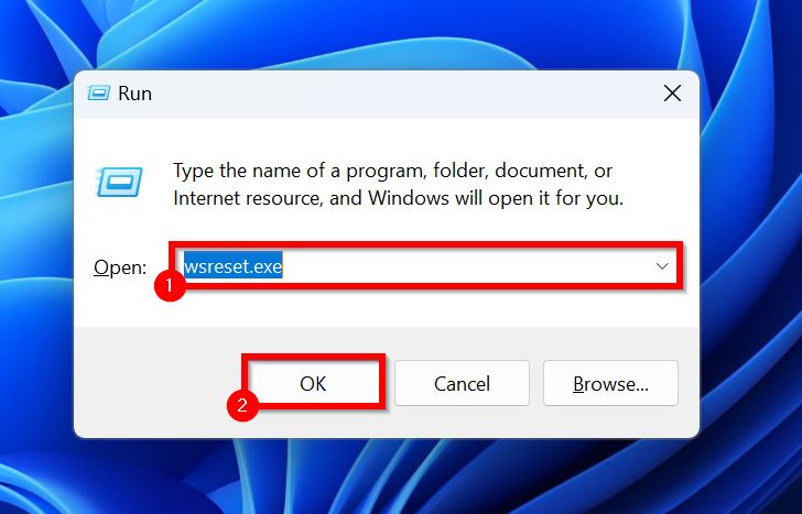The wreset.exe option in the Run application.