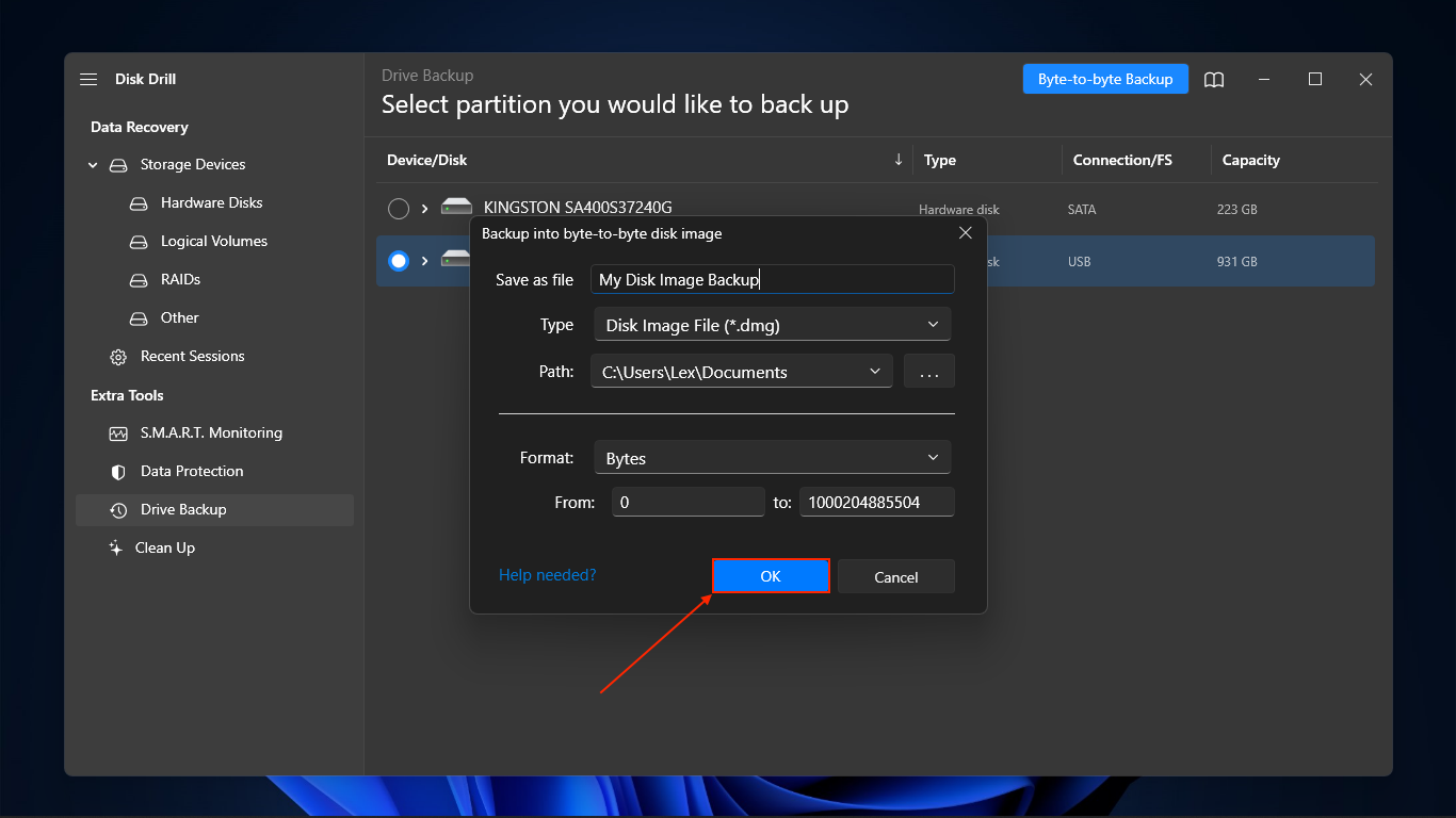 Disk Drill destination menu for image backup