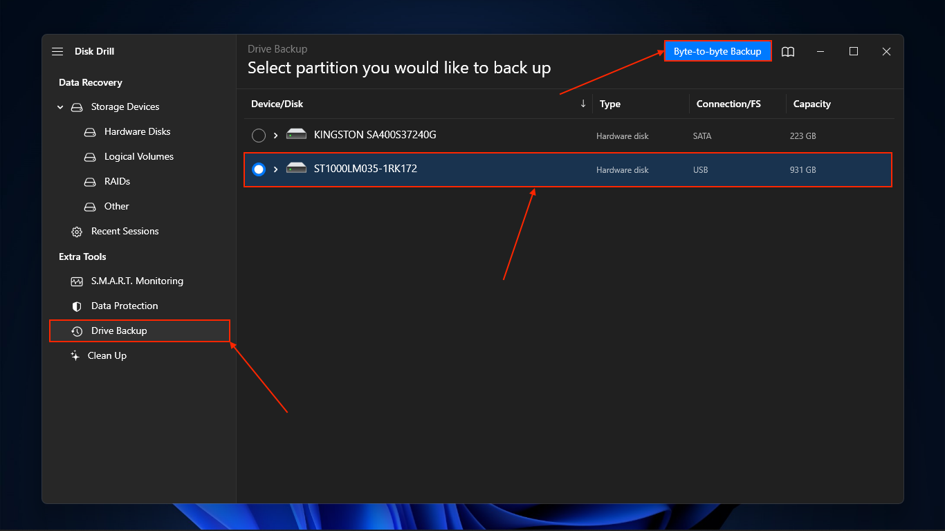 Disk Drill source selection menu for Byte-to-byte backup