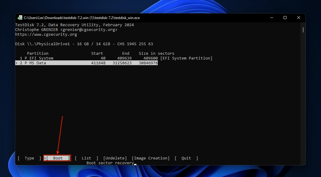 TestDisk Boot option in the Found Partitions menu