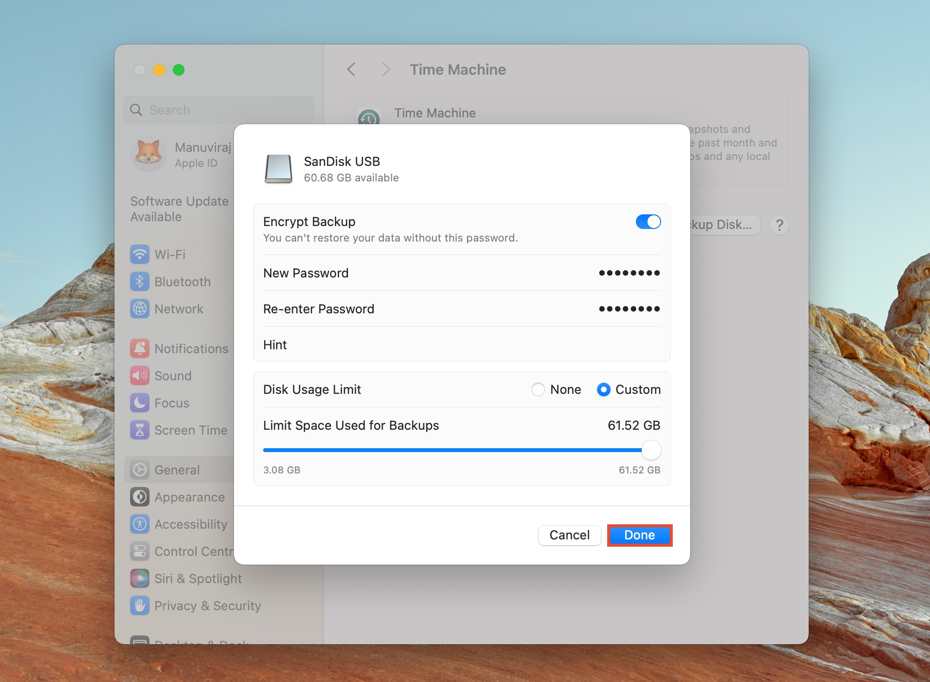 Time Machine settings window showing a SanDisk USB drive as the selected backup disk, with options to encrypt the backup and set a disk space limit.