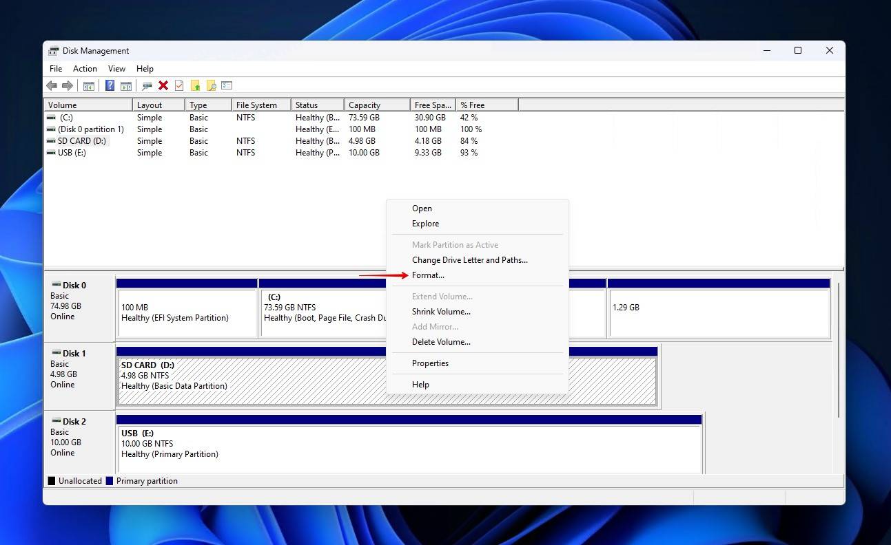 Choosing to format the SD card.