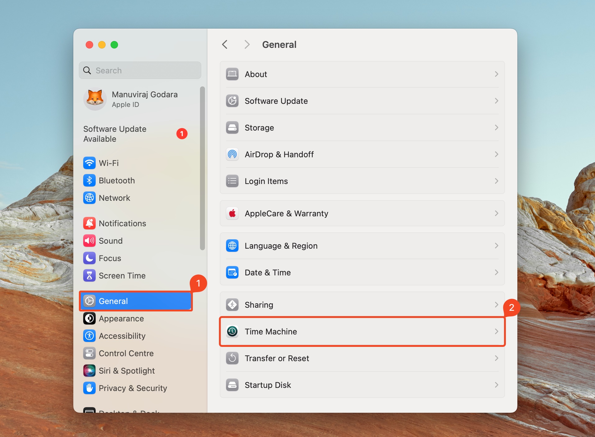 The General tab in the macOS System Preferences highlighting "Time Machine" as one of the options.