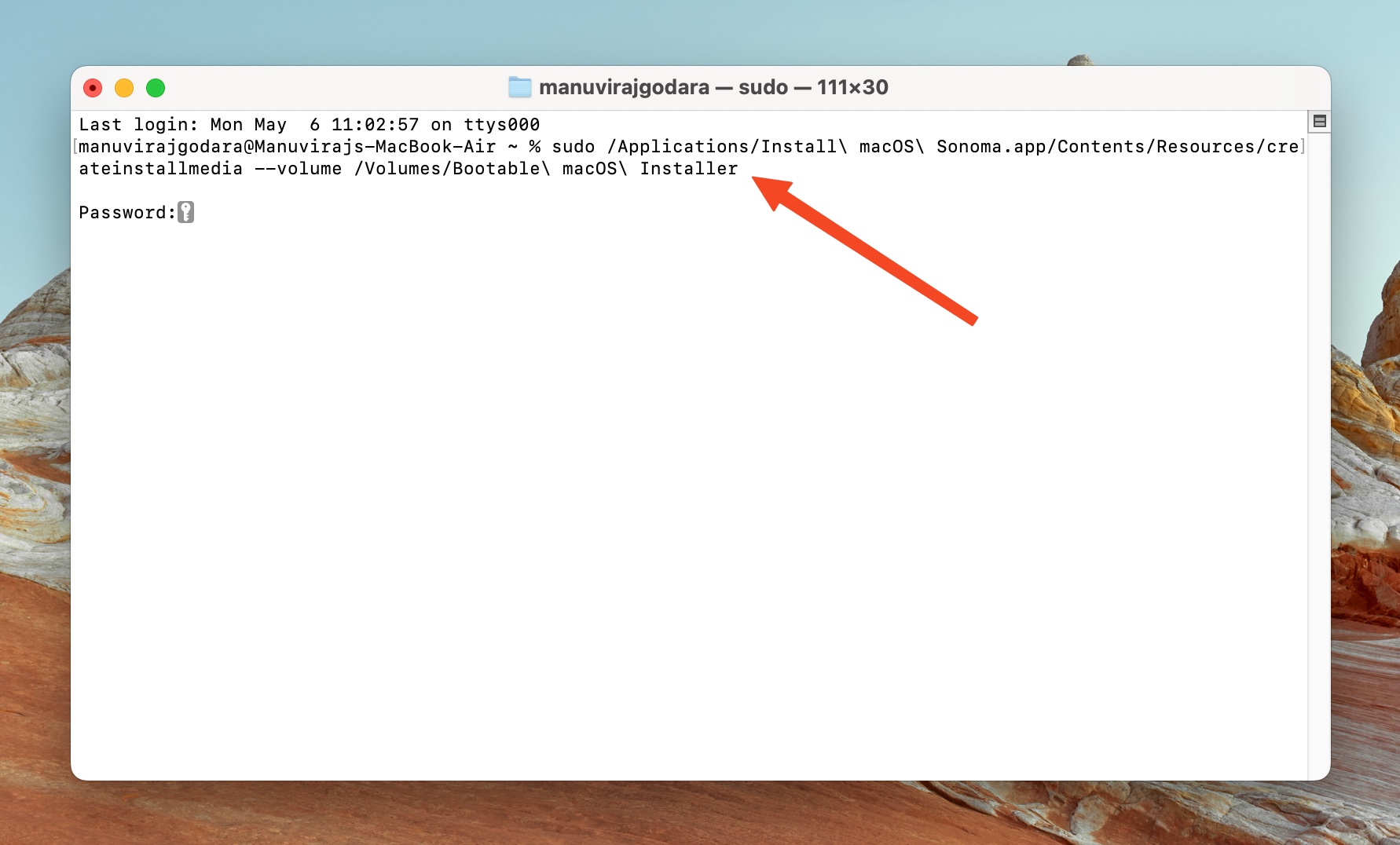 Terminal window on a Mac showing a command line input for creating a bootable macOS installer, awaiting the user's password.