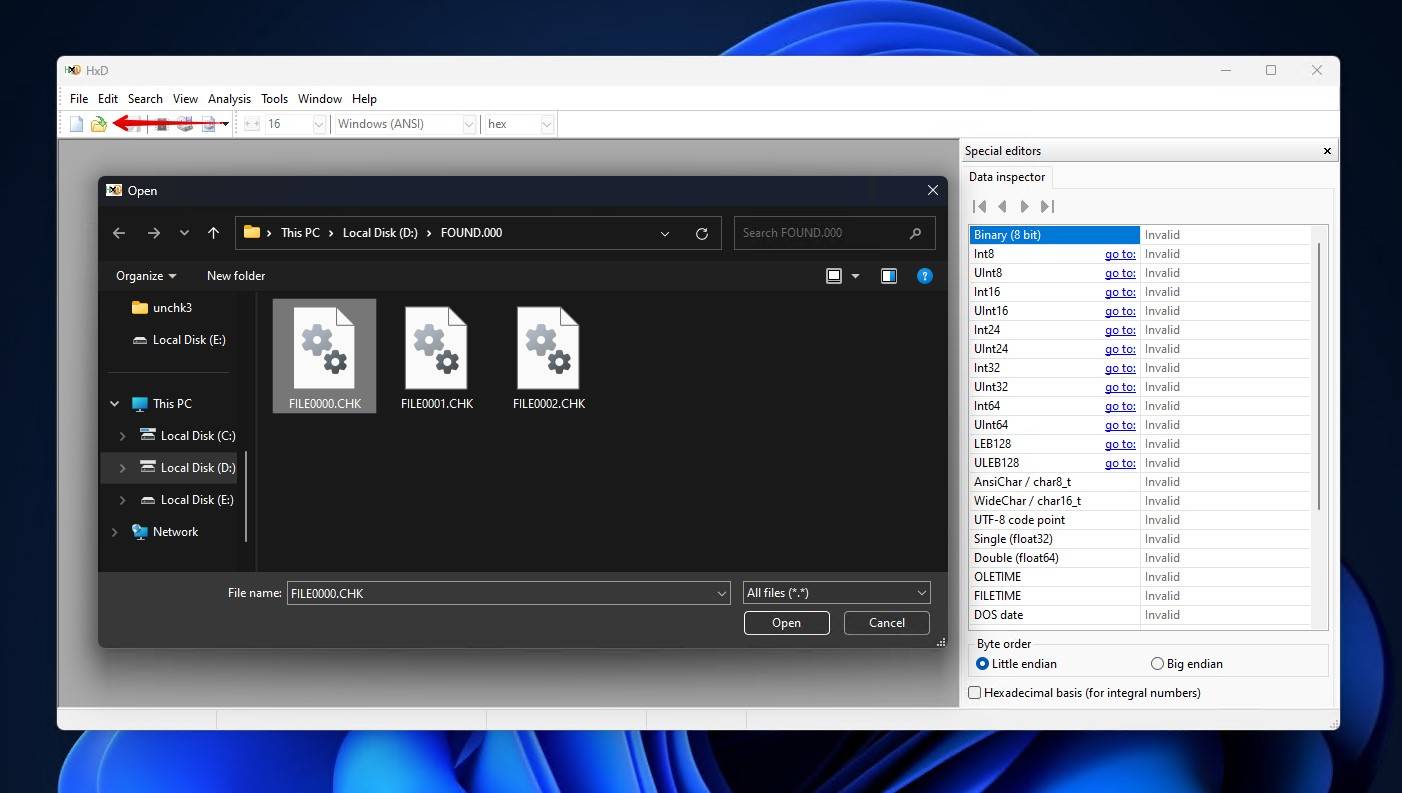 Opening the CHK file in HxD.