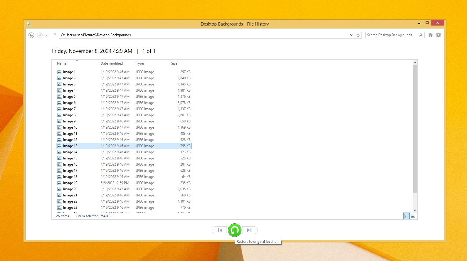 Click the green restore button