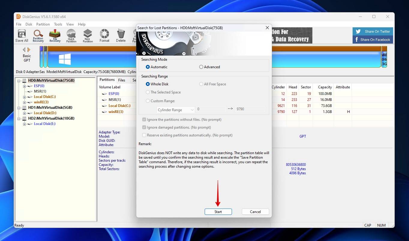 Starting the partition search