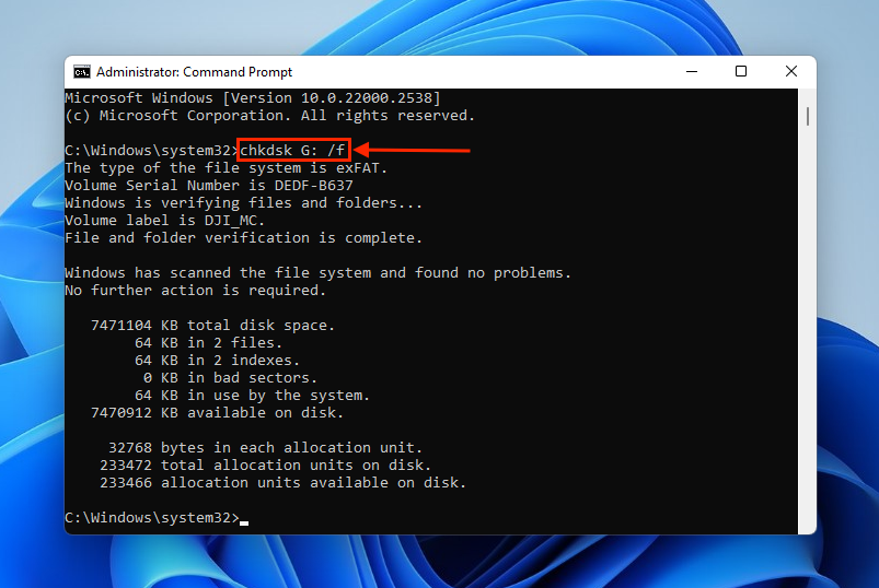 Chkdsk f command in Command Prompt