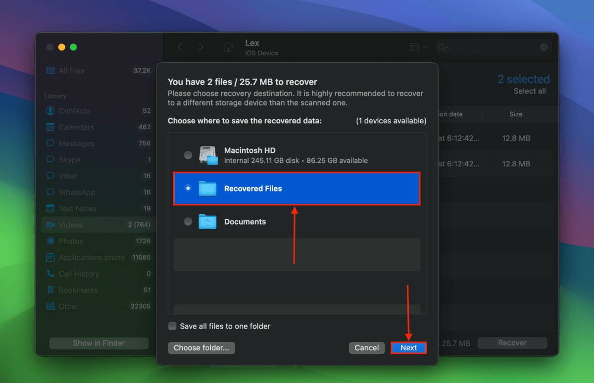 Selecting a destination folder for recovered DJI Go files from iPhone using Disk Drill