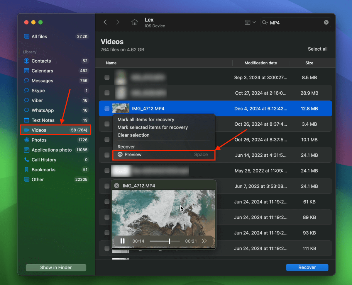 Filtering and previewing DJI Go app files from an iPhone using Disk Drill