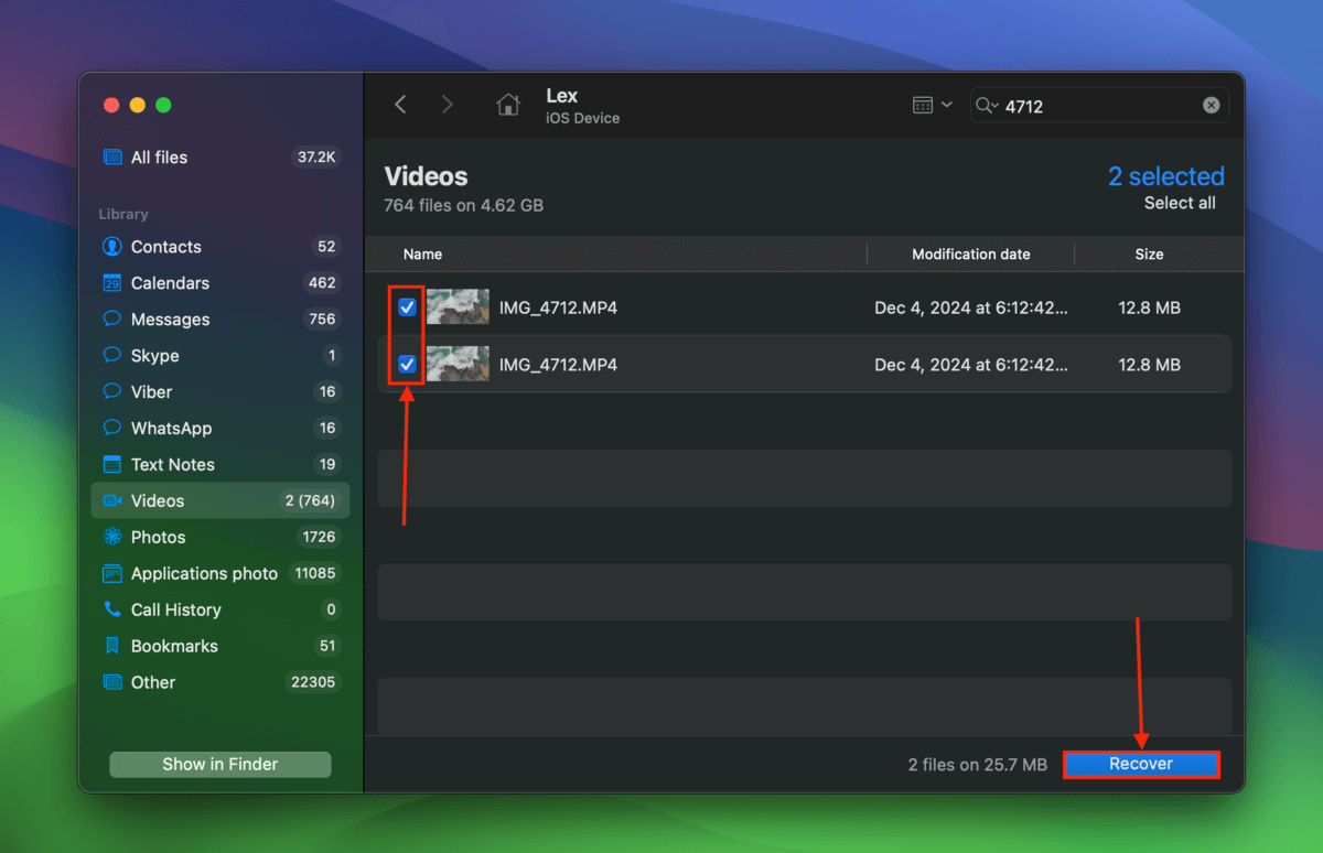 Selecting DJI Go app files to recover from iPhone using Disk Drill