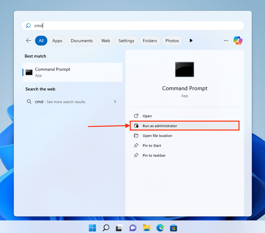Using the Start menu to run Command Prompt as administrator