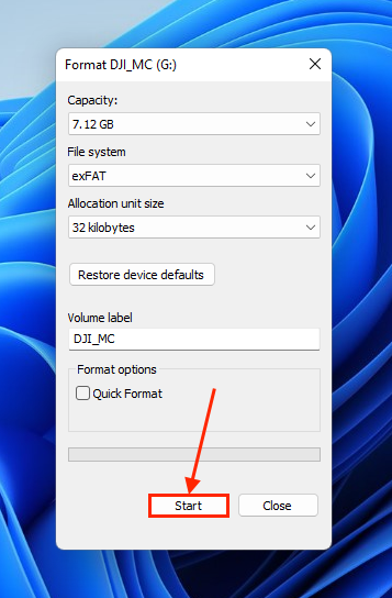 Formatting SD card using Windows 11's native formatting tool