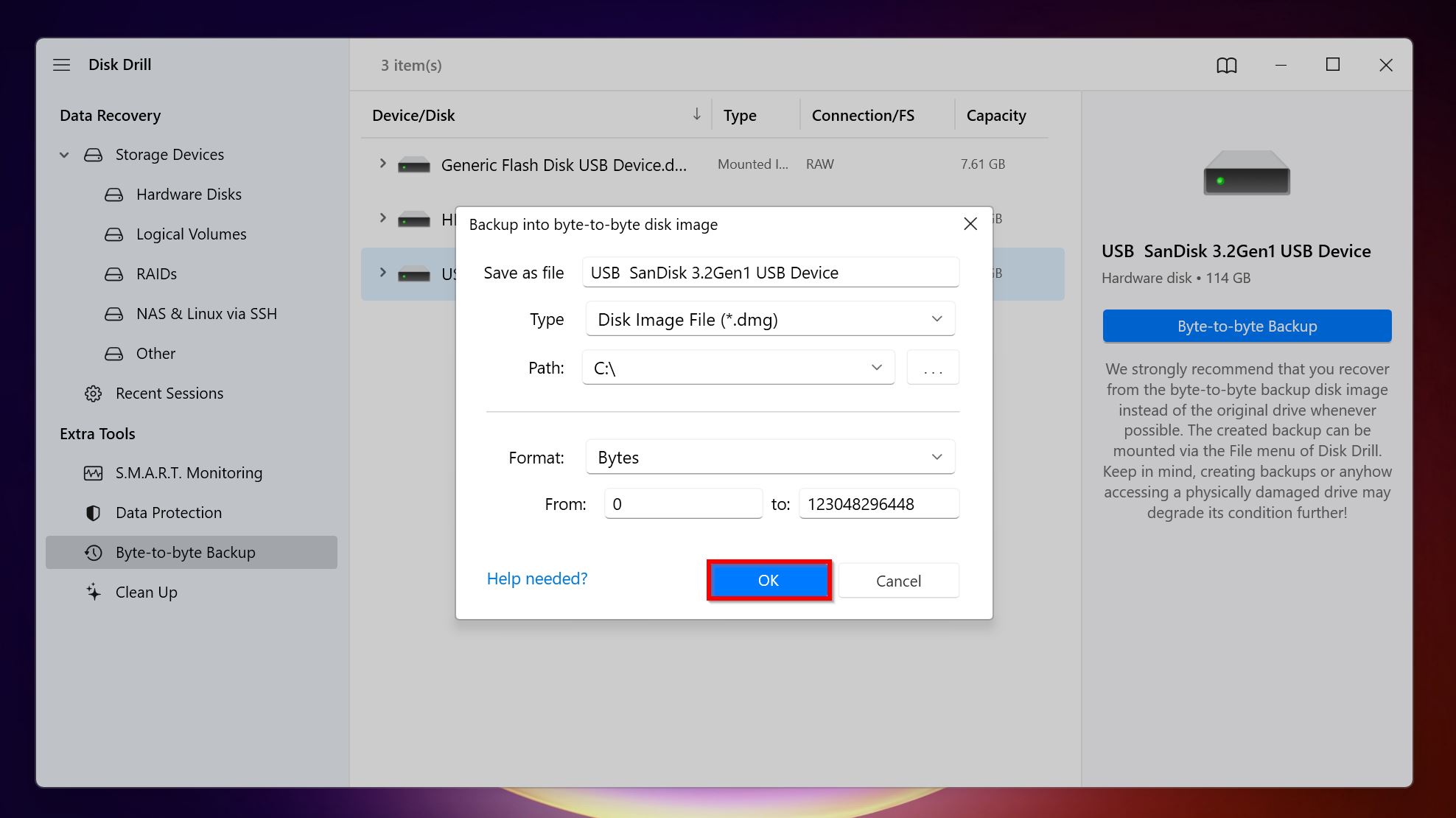 Disk image destination prompt in Disk Drill