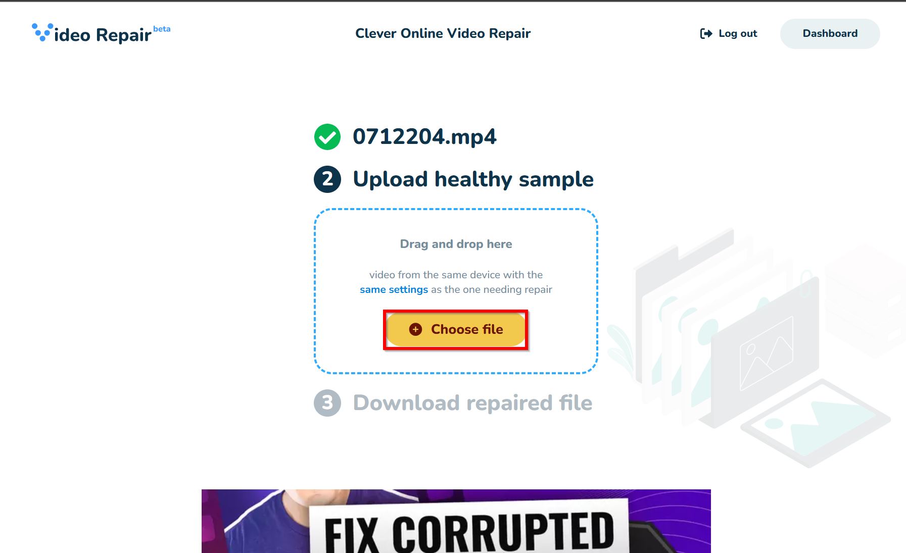Upload healthy reference file option in Clever Online Video Repair