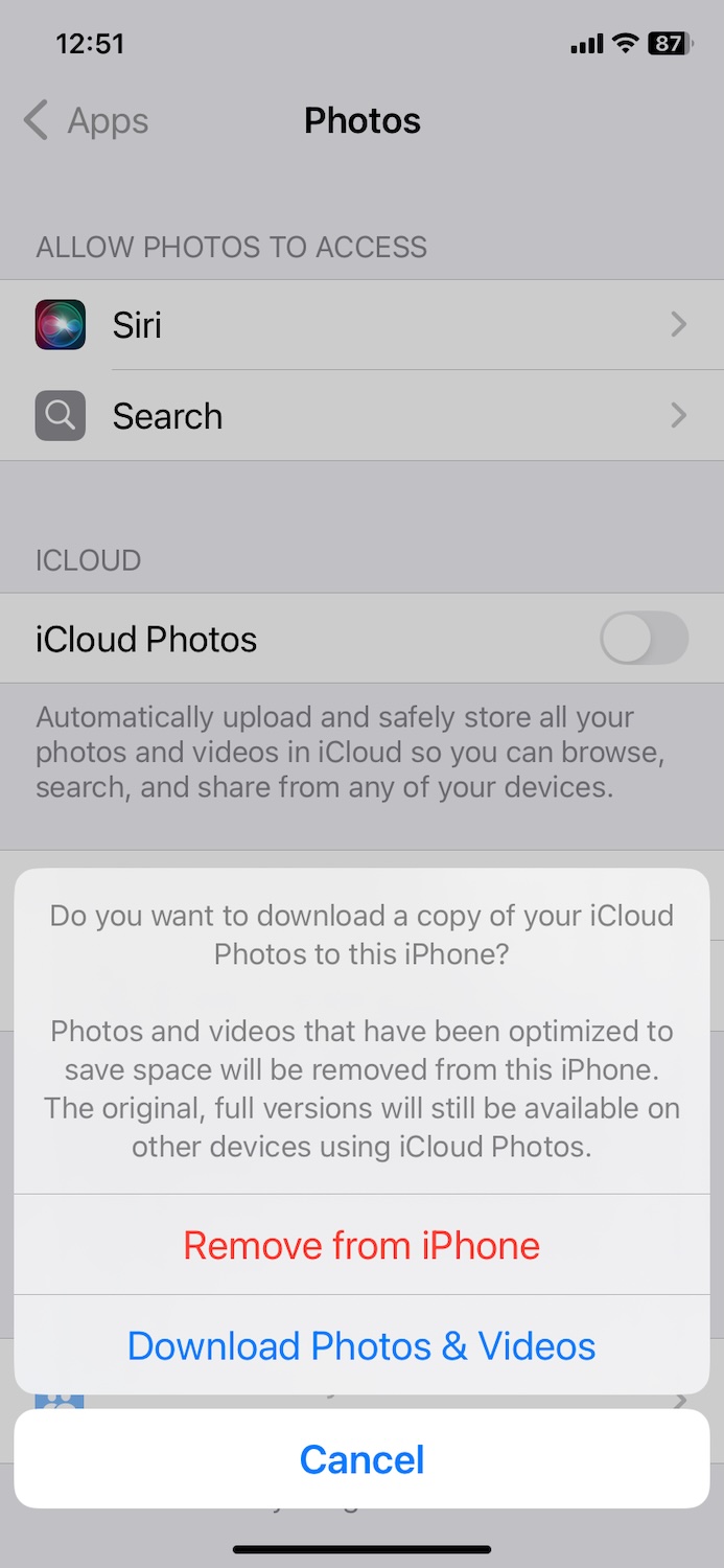 Toggle iCloud Photos off