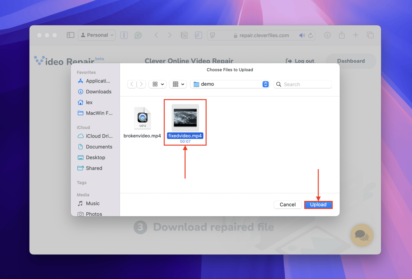 Selecting a working video reference file in Clever Online Video Repair