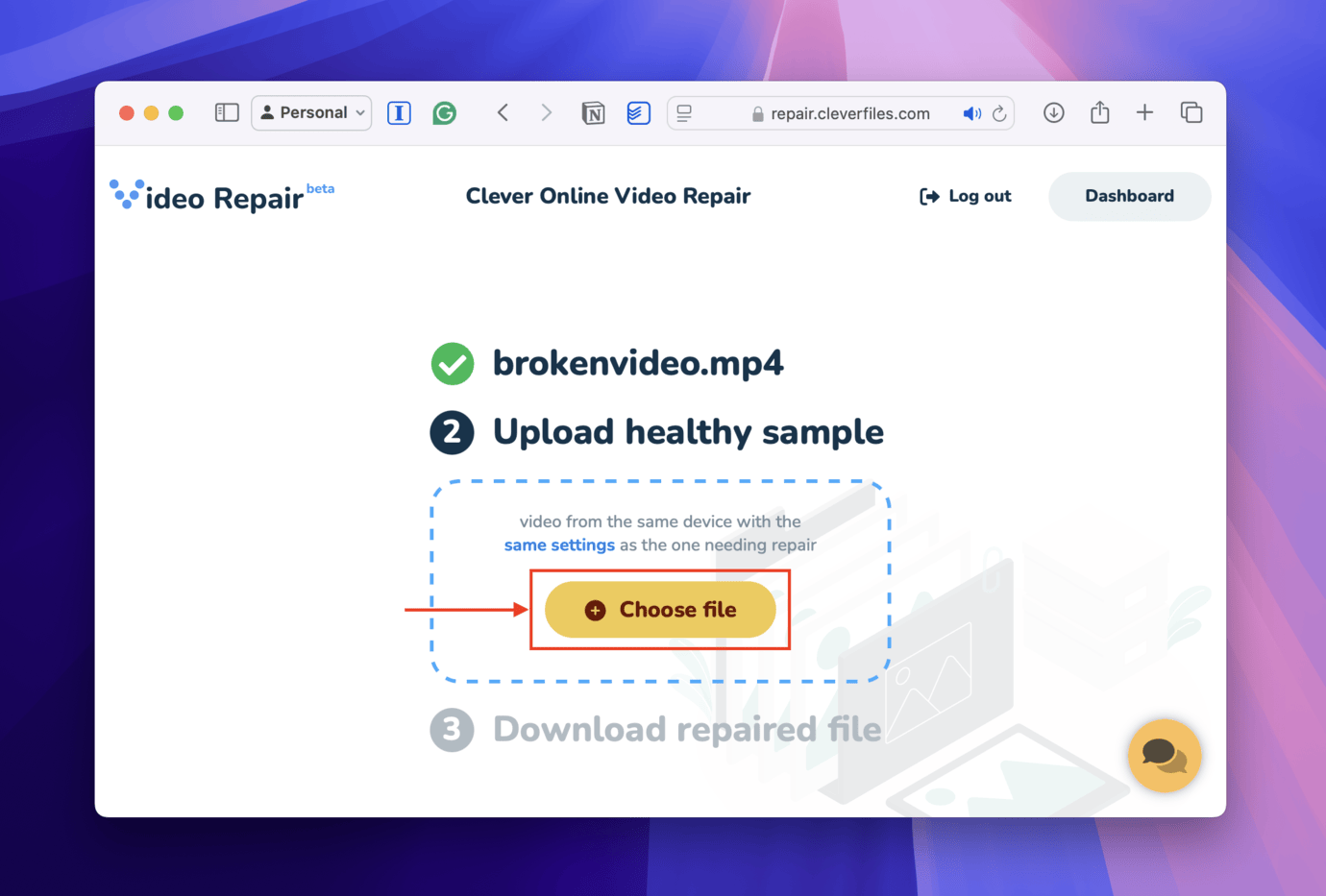 Choose file button for video reference file for Clever Online Video Repair