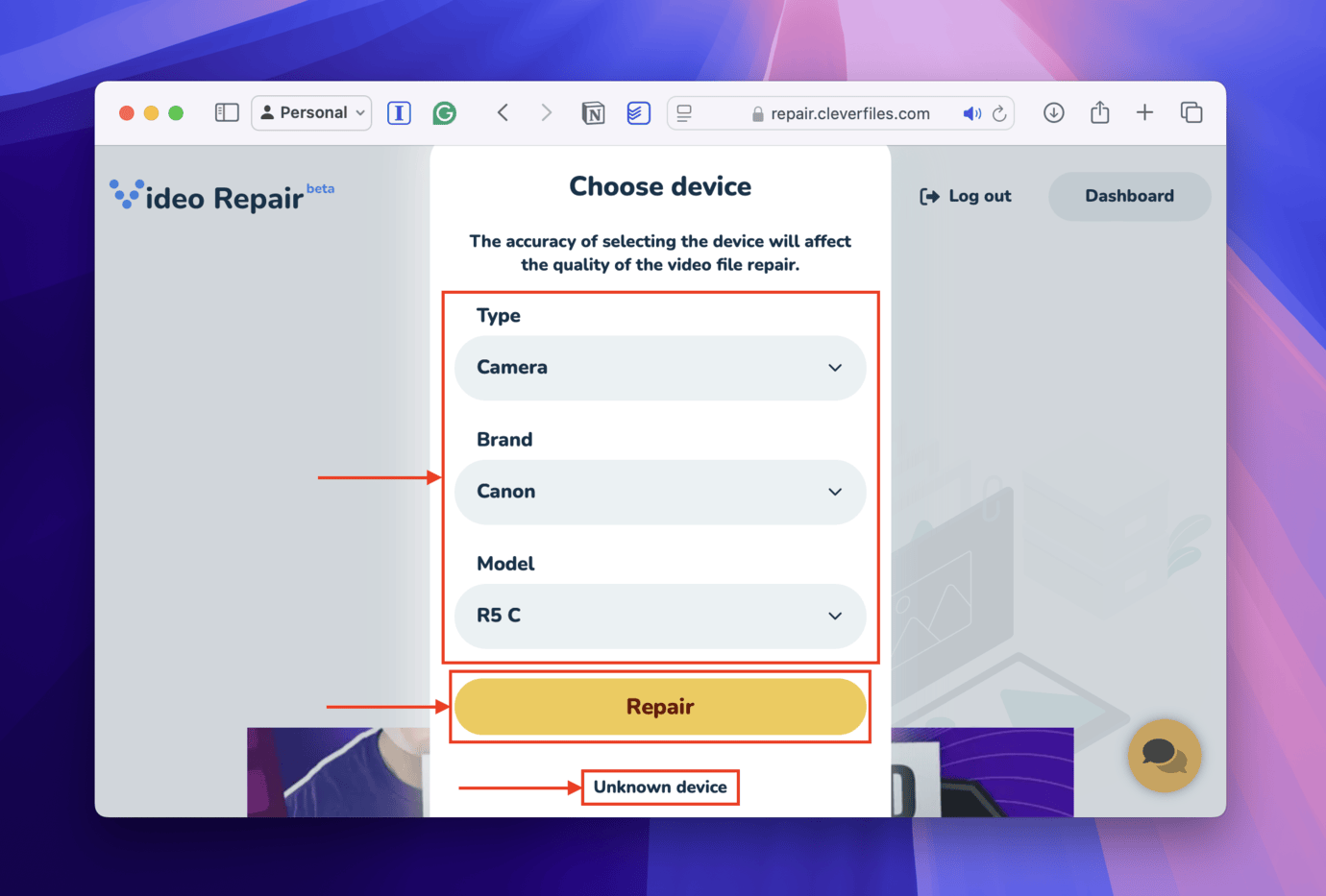 Selecting video capture device in Clever Online Video Repair