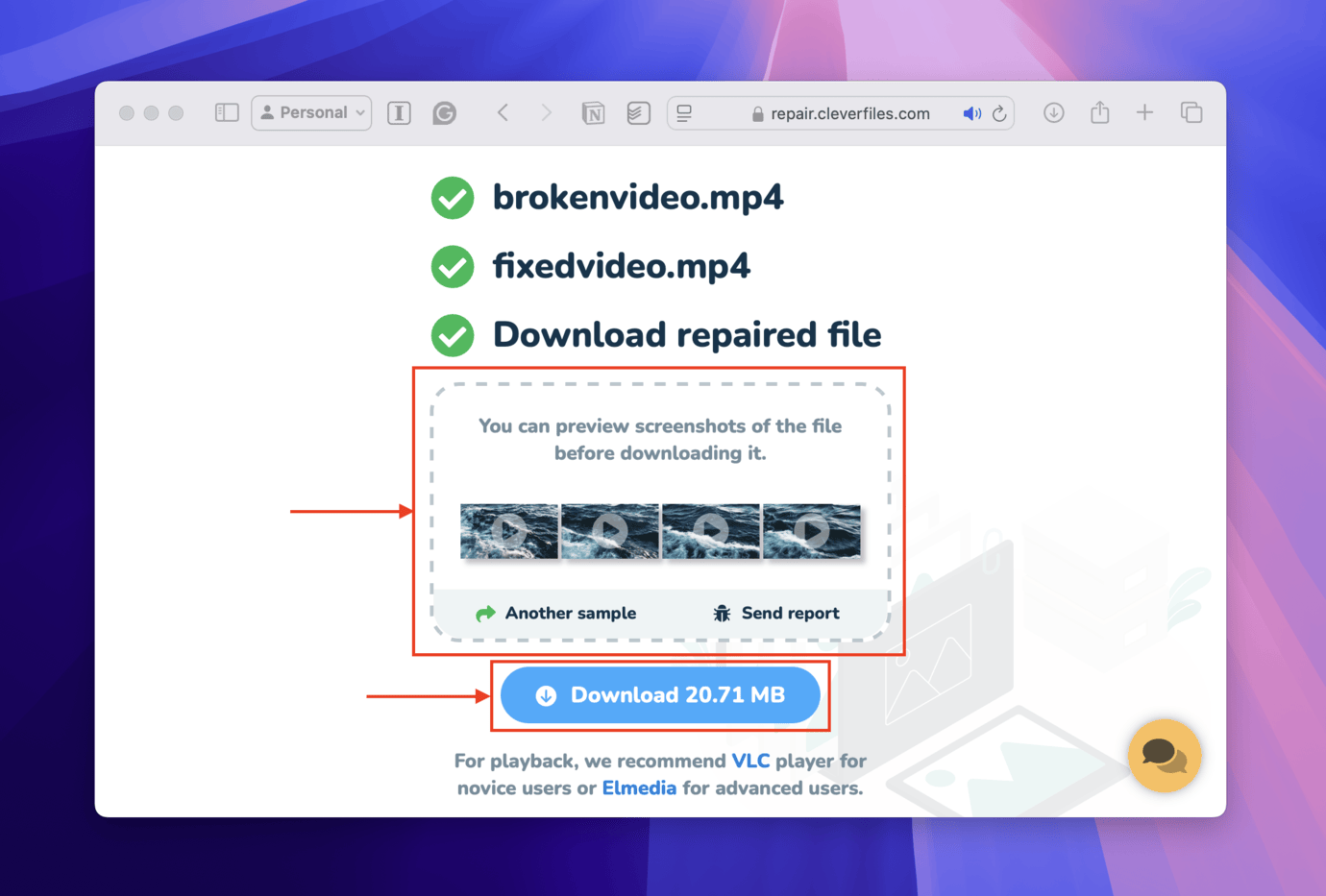 Preview thumbnails and file download button on the Clever Online Video Repair website