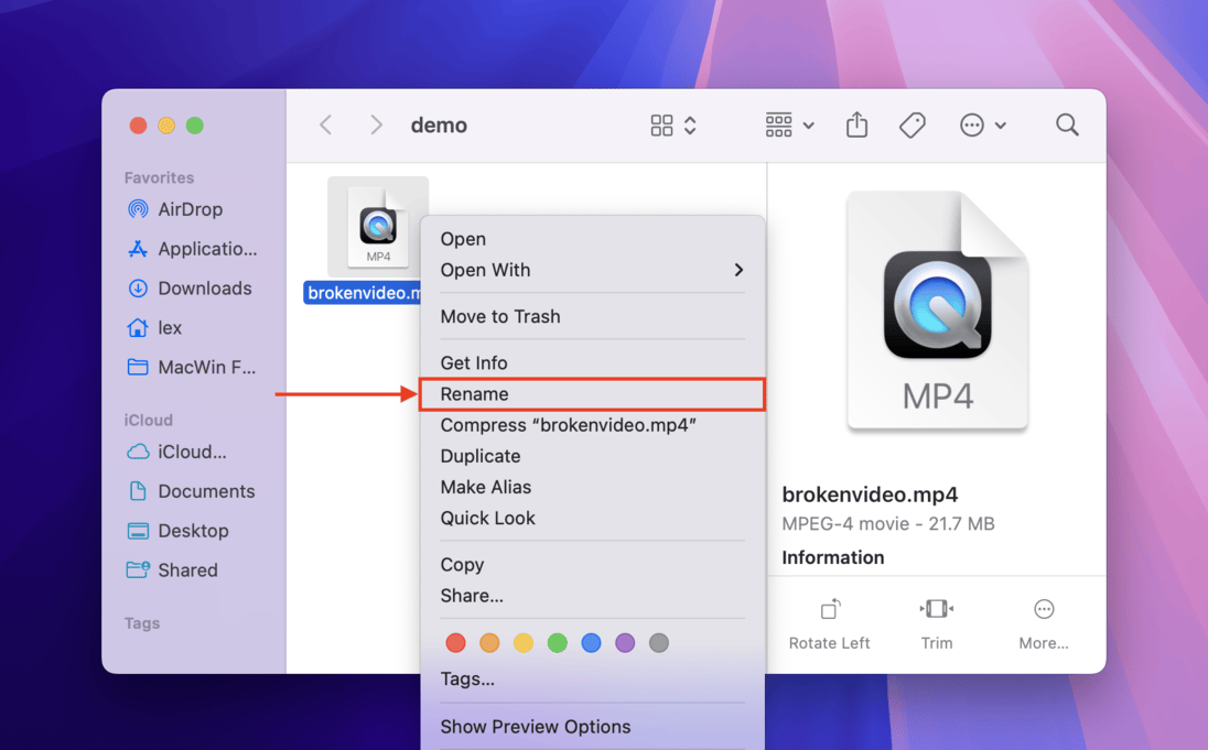 Selecting the Rename option on from a context menu on a broken video file