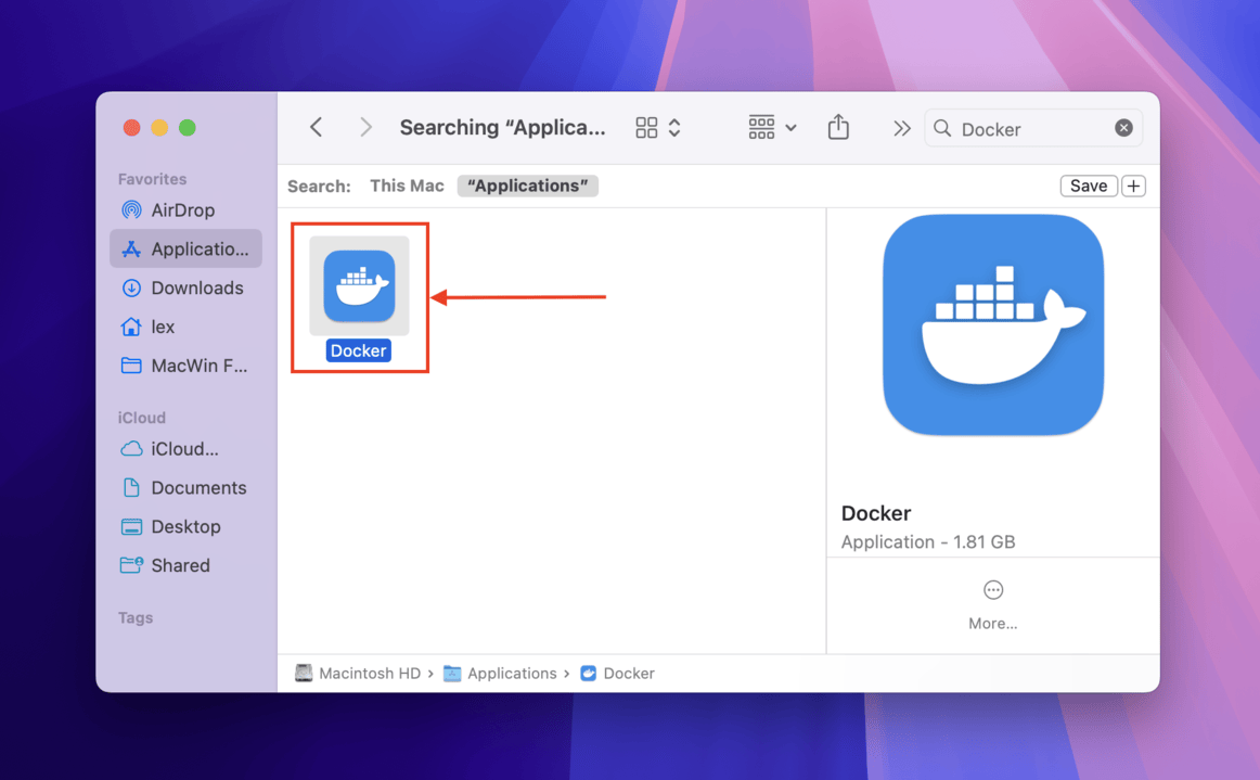 Docker app icon in the Applications folder in Finder
