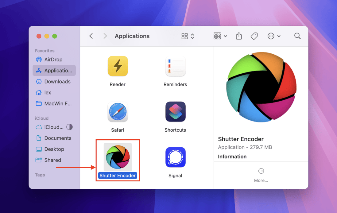 Shutter Encode app icon in the Applications folder in Finder