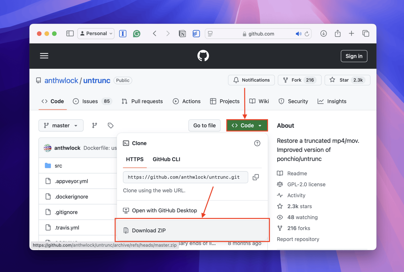 Downloading untrunc from Github