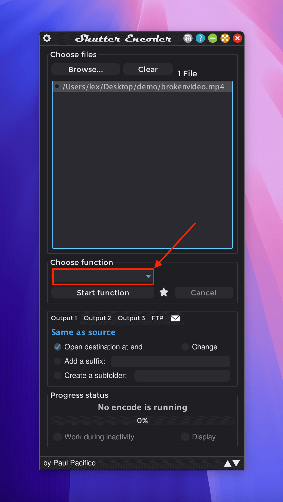 Choose function button in the Shutter Encoder app