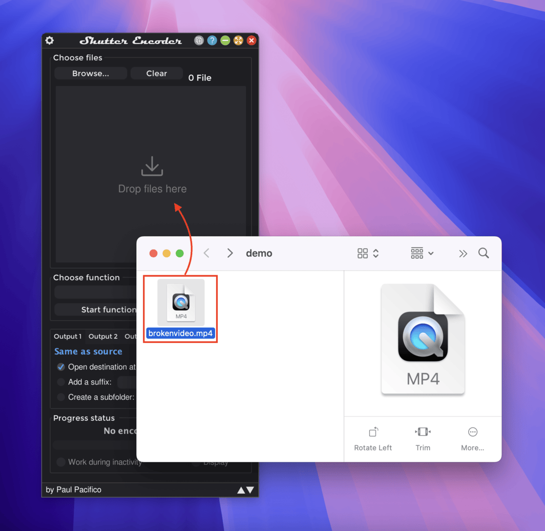 Dragging a broken video file into Shutter Encoder's main menu