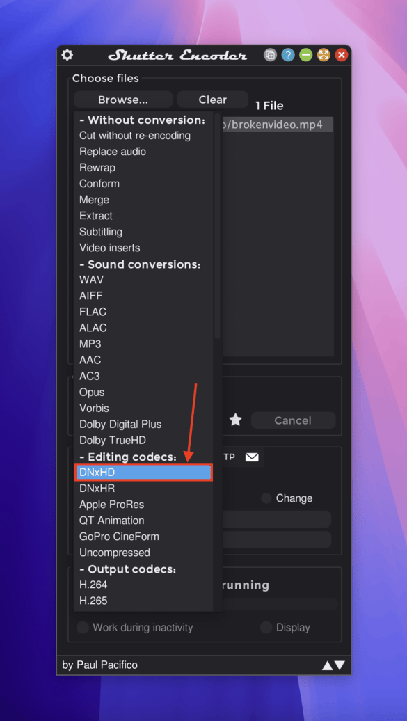 Selecting DNxHD in the Choose function dropdown menu in Shutter Encoder