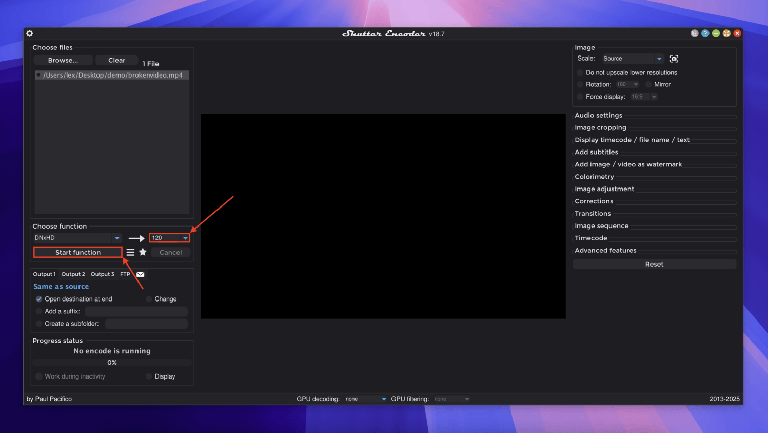 Start Function button in the Shutter Encoder app