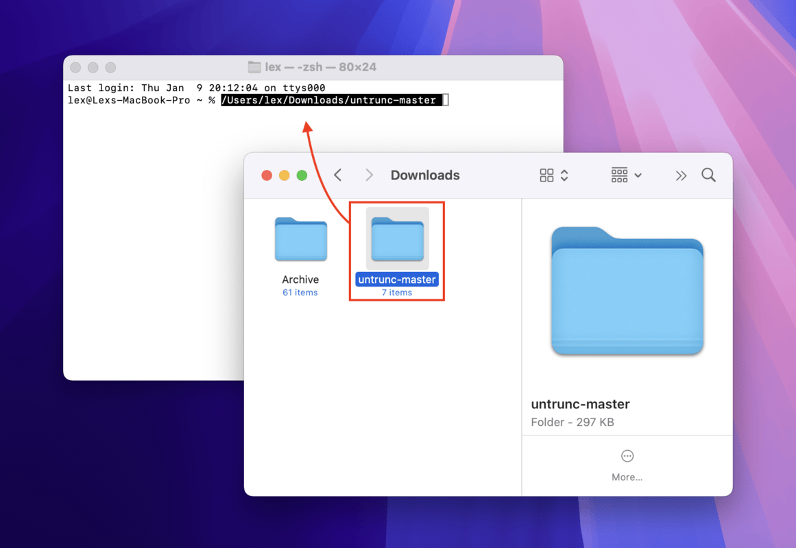 Dragging the untrunc folder into the Terminal window