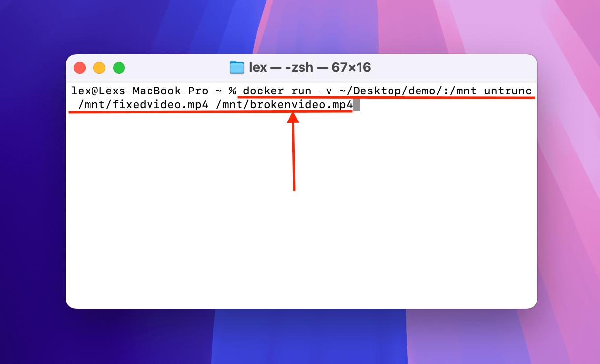 Running the untrunc operation via Docker in Terminal