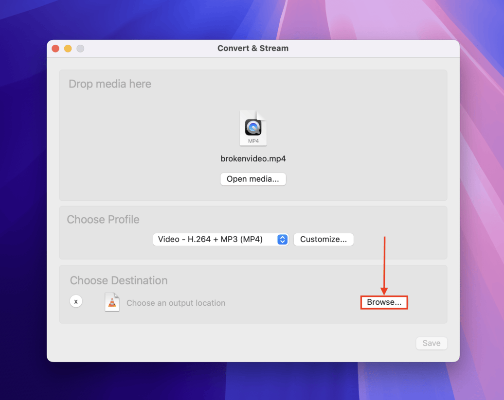 Browse destination folders button in VLC's conversion menu