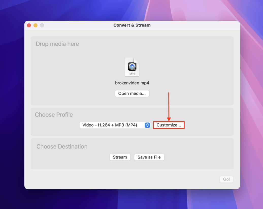 Customize button in VLC's conversion menu