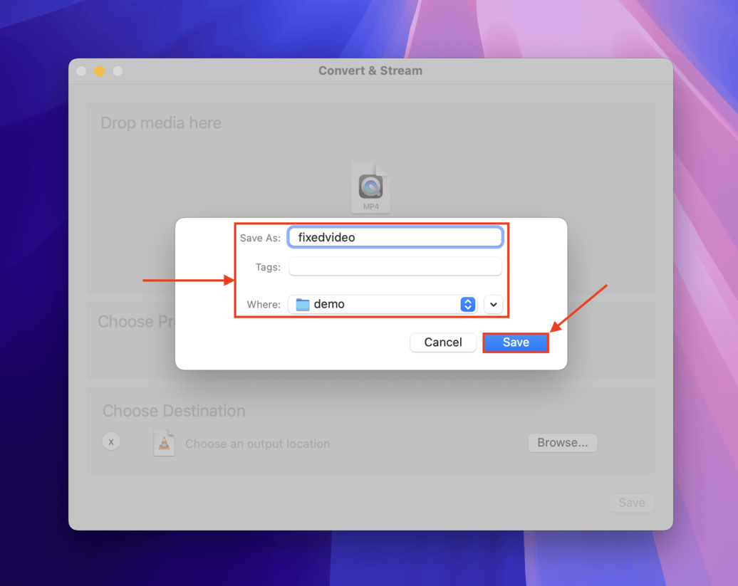 Choosing the destination folder for the converted video in VLC
