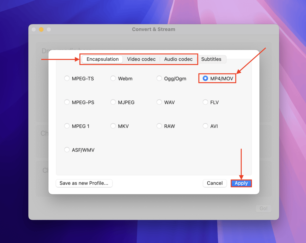 Selecting the encapsulation format for VLC's video conversion tool
